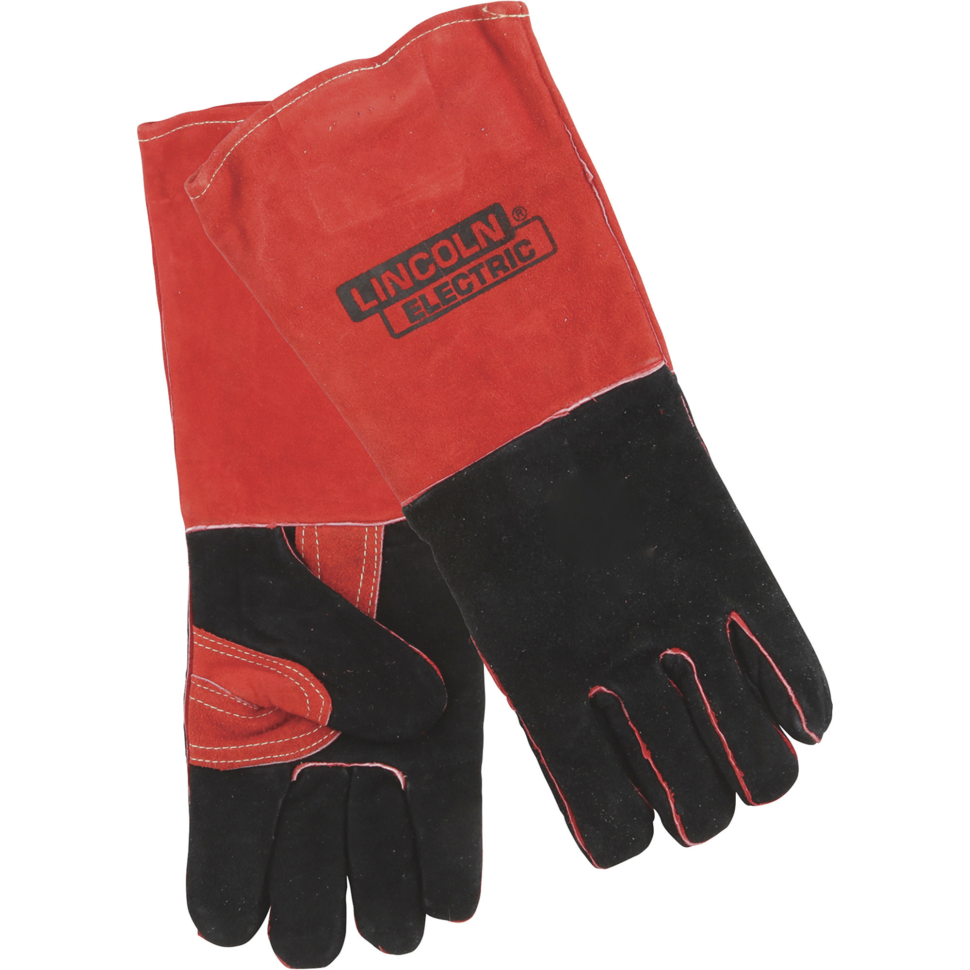 Lincoln Electric Industrial Welding Gloves, Leather, Red and Black, One Size Fits Most, Pair, Model# KH643